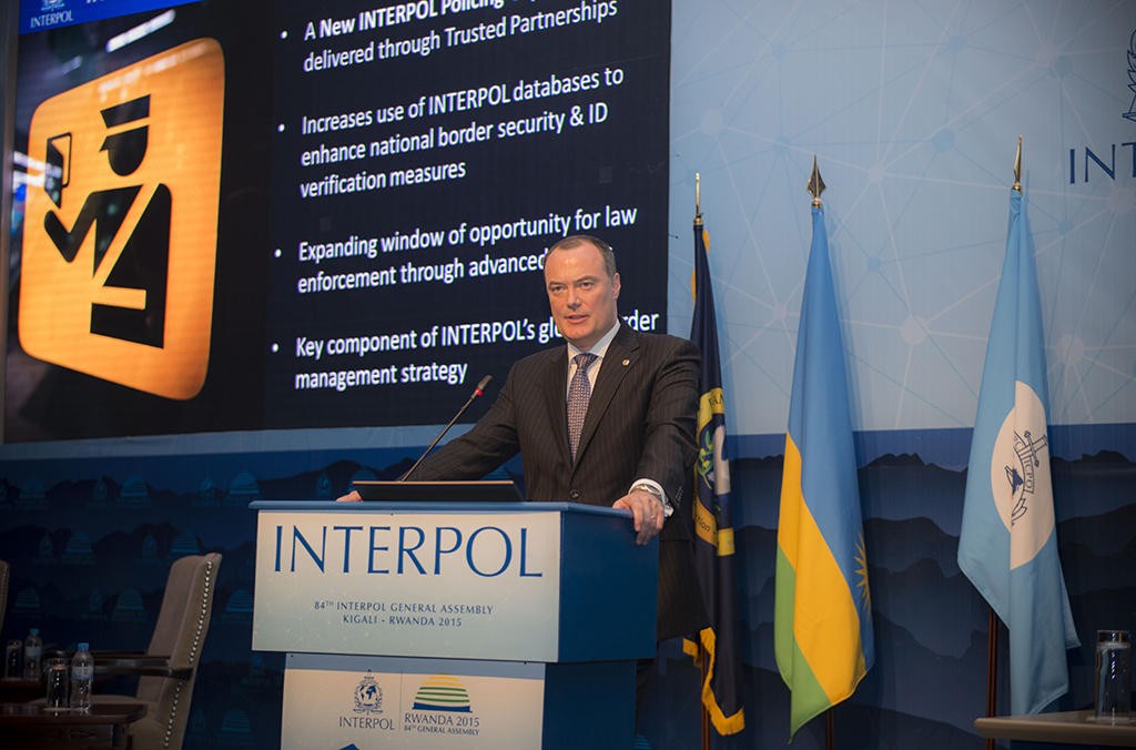 Michael O&rsquo;Connell, Director of Operational Support and Analysis, addressing the 84th INTERPOL General Assembly, said that I-Checkit could become an invaluable investigative and preventative policing component so as to help deliver safer communities.