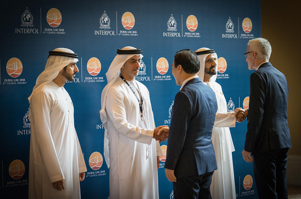 Sheikh Hamdan bin Mohammed, Sheikh Saif bin Zayed Al Nahyan and Sheikh Mohammed Bin Rashid Al Maktoum of the UAE welcome INTERPOL’s Senior Vice President and Secretary General.