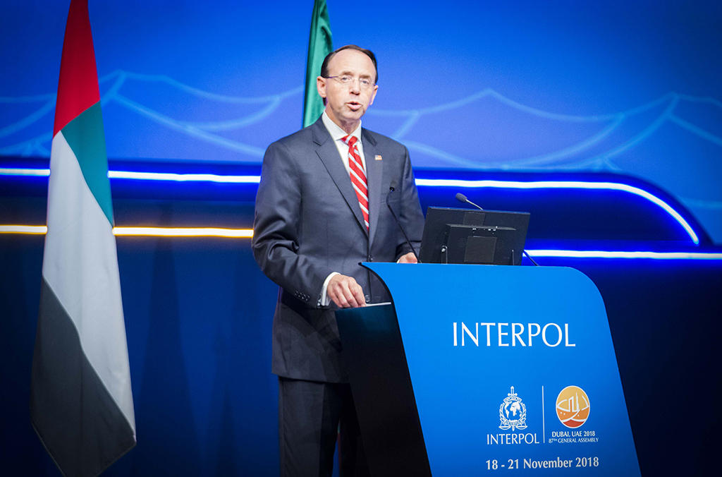 US Deputy Attorney General Rod Rosenstein addresses the 87th INTERPOL General Assembly.