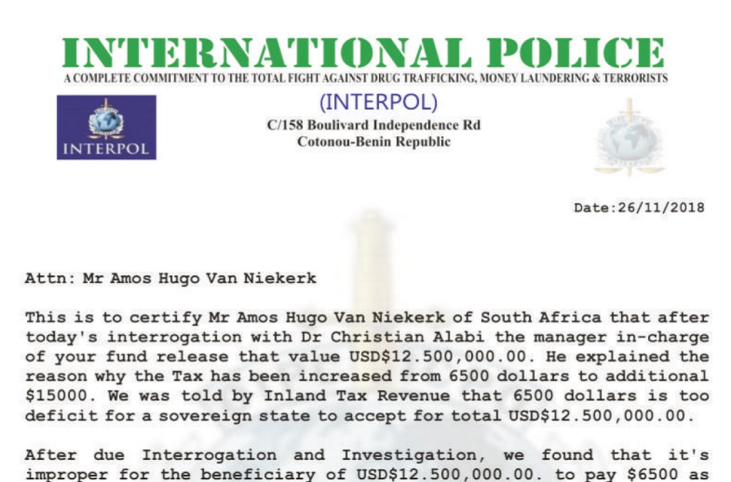 An example of a scam letter using INTERPOL's name.