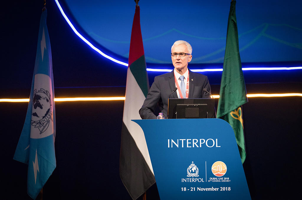 INTERPOL Secretary General Jürgen Stock addresses the 87th INTERPOL General Assembly in Dubai.