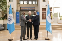 Permanent Secretary of the G5 Sahel Maman Sambo Sidikou, INTERPOL Secretary General Jürgen Stock and Jean Bosco Kienou, President of the G5 Sahel Committee for Defence and Security and Director General of the Burkina Faso National Police.
